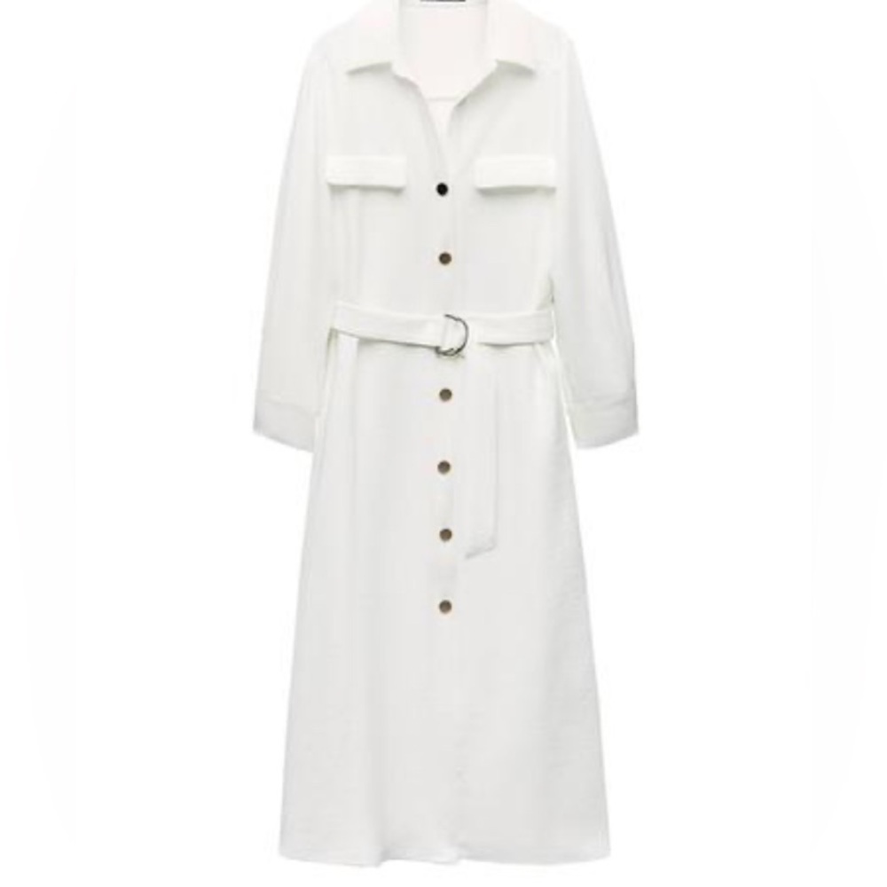 Zara White Long Sleeve Belted Dress